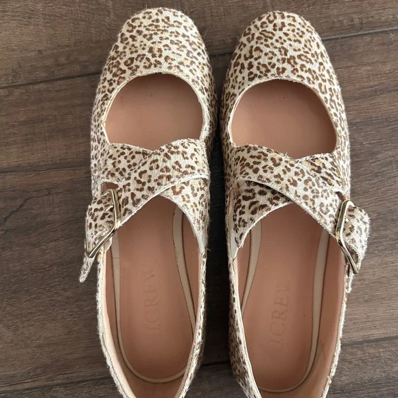 J.Crew Leopard Calf Hair Mary Jane Ballet Flats Buckle Strap Size 8.5 - Picture 1 of 3